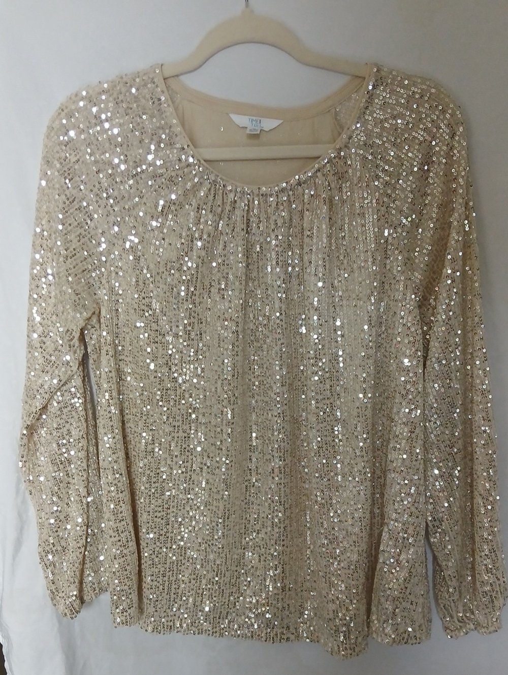 Sequin Long-Sleeve Scoop Neck Top - Champagne